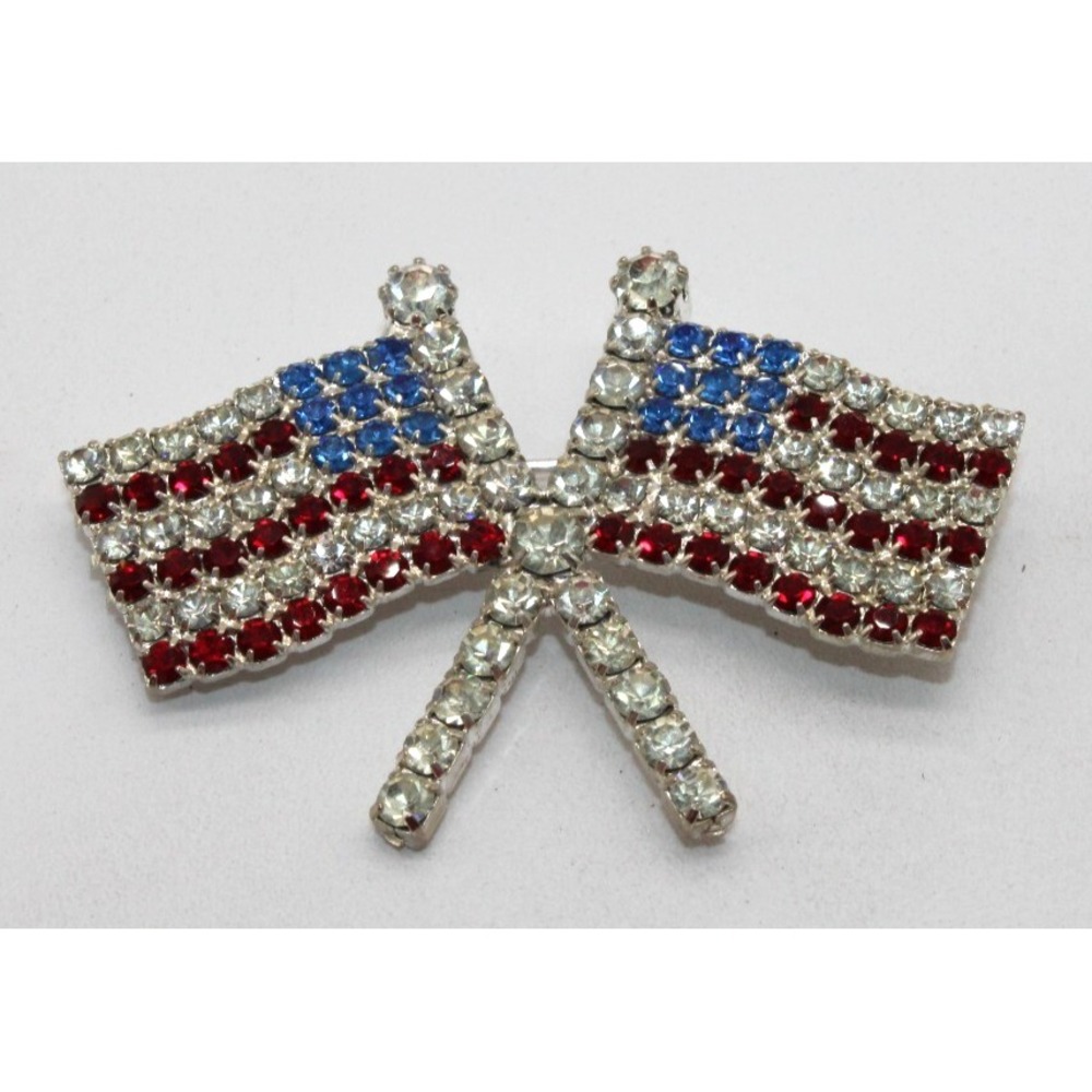 Rhinestone Double Flag Pin July 4th USA Patriotic Independence Day Crossed Flags